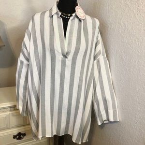 Umgee BlackWhite Striped Collared V-Neck Tunic NWT - XL